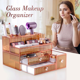 YD Youdepot Golden Tempered Glass Vanity Organizer with cosmetics