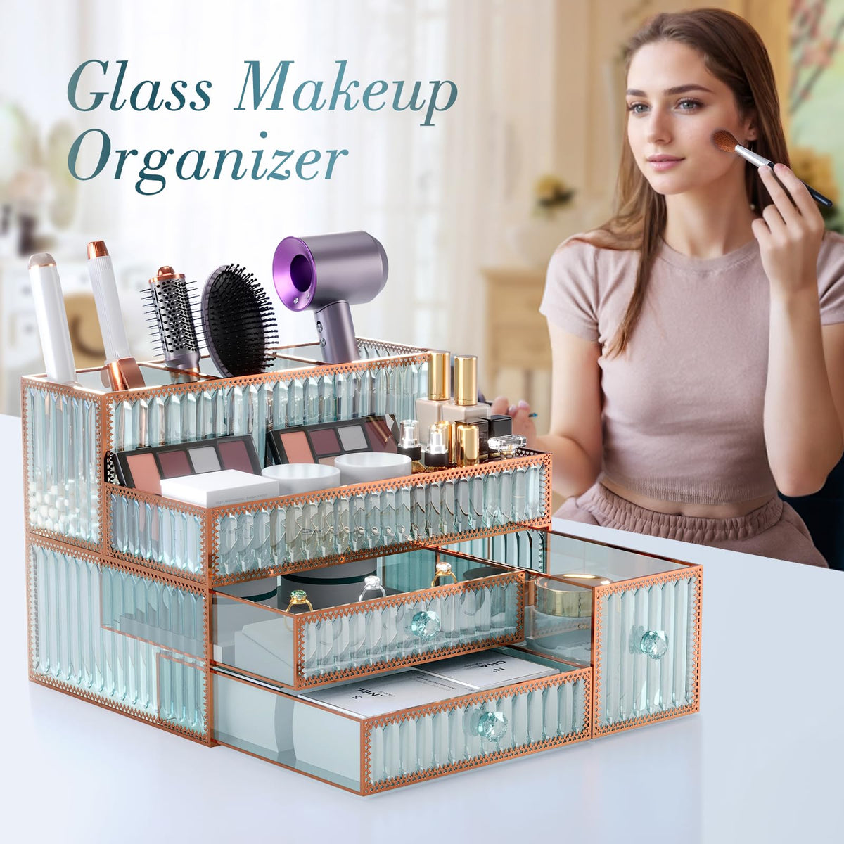 YD Youdepot Makeup Organizer with hair tools and cosmetics arranged