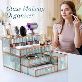 YD Youdepot Makeup Organizer with hair tools and cosmetics arranged