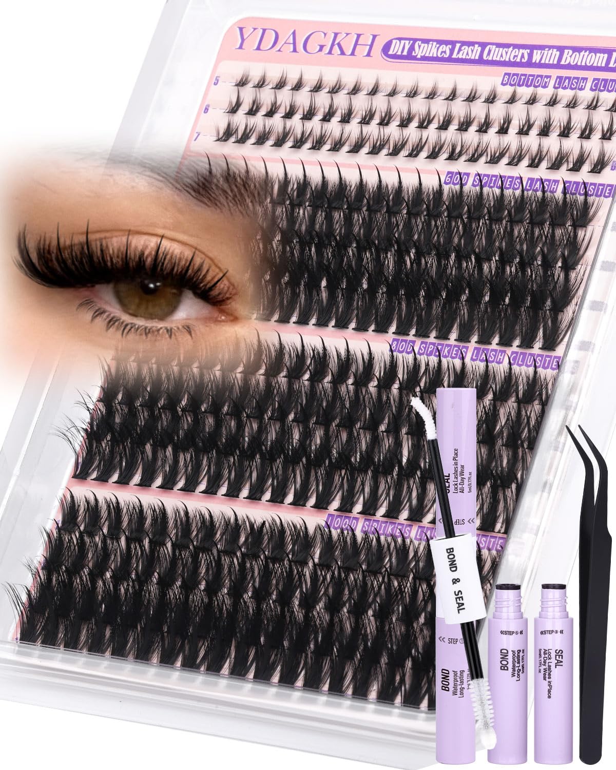YDAGKH Volume Lash Clusters Kit Spikes front view with various lash lengths