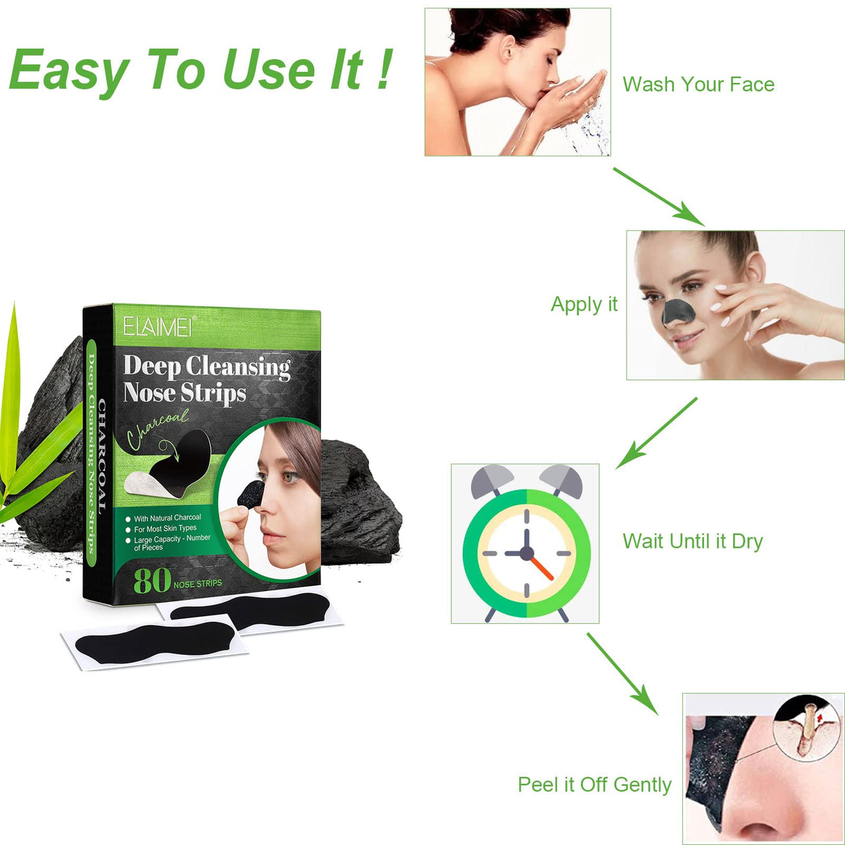Yecuce Pore Strips displayed with natural charcoal ingredients