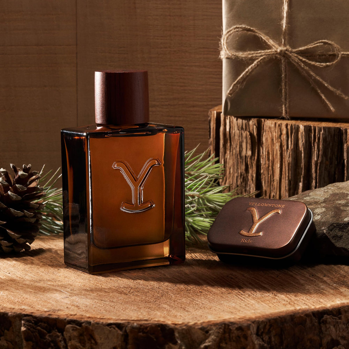 Yellowstone Ride cologne bottle against a rustic background