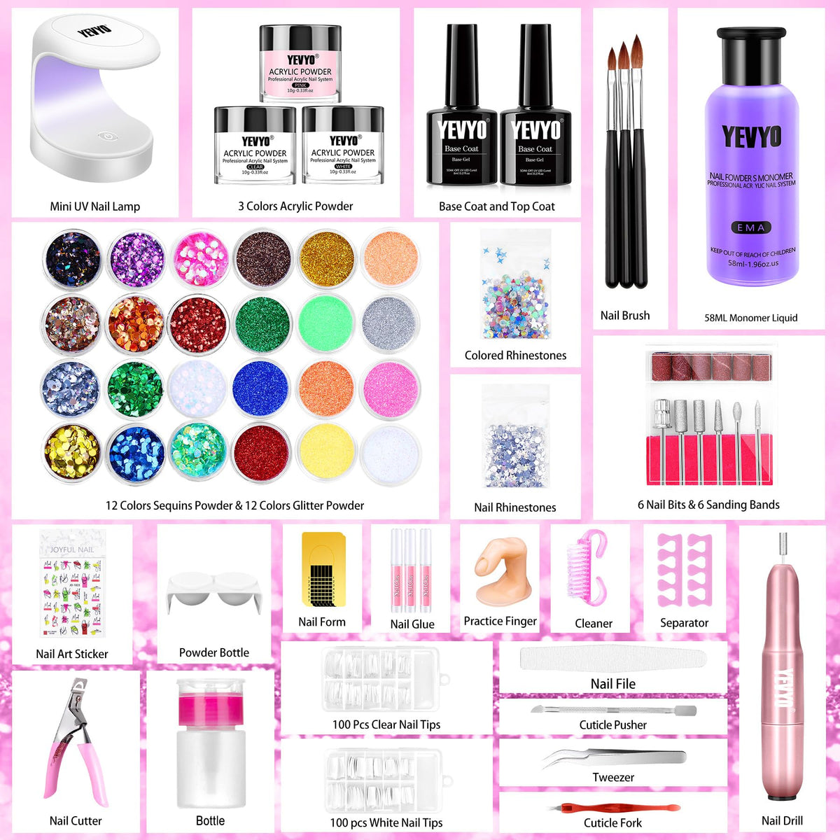 YEVYO Acrylic Nail Kit with mini UV nail light