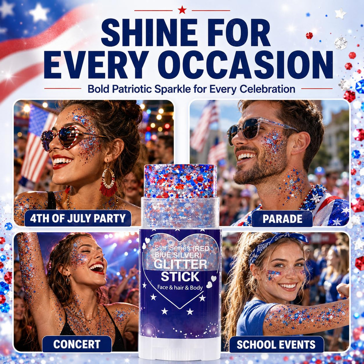 Yeweian Hair Glitter Stick with a background of American flag