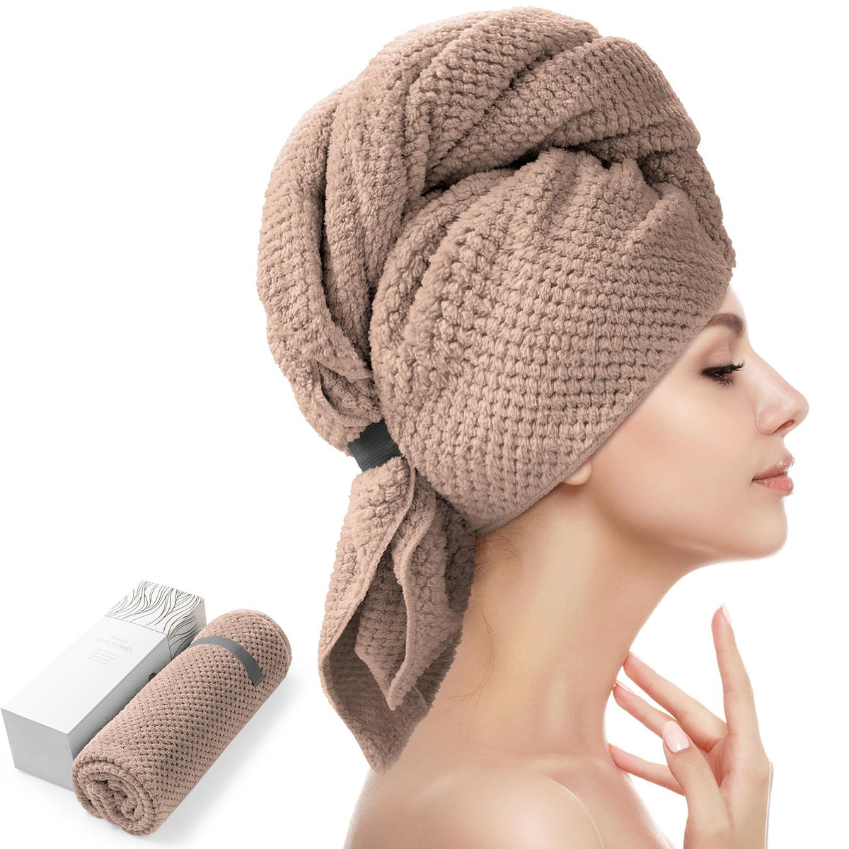 YFONG Large Microfiber Hair Towel Wrap front view in soft colour