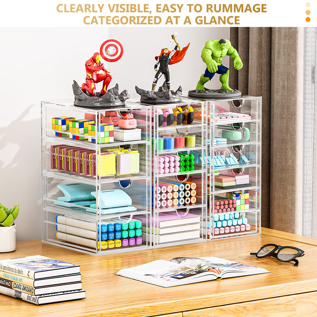 YFXCVSL 3-Pack Acrylic Organizers with various items inside