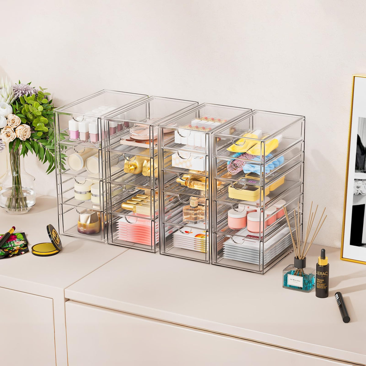 YFXCVSL 31-Drawer Organizer filled with cosmetics on a vanity