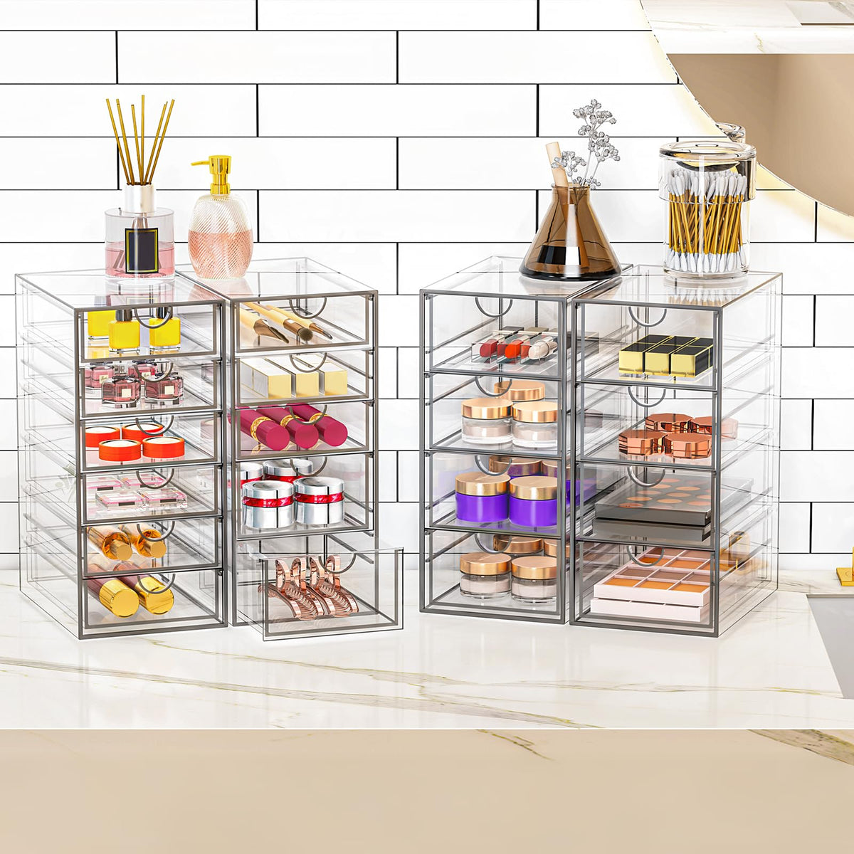YFXCVSL Acrylic Makeup Organizer side view showcasing drawer layout