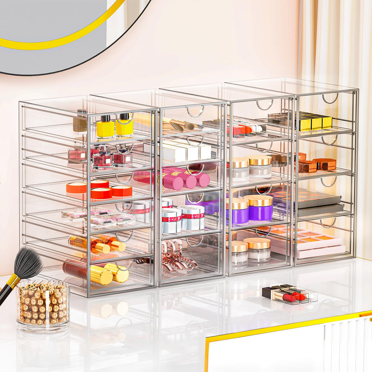 YFXCVSL Acrylic Makeup Organizer with clear drawers open