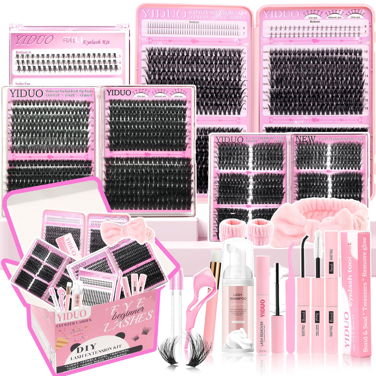 YIDUO 1846Pcs Lash Clusters Kit front view with assorted lash styles