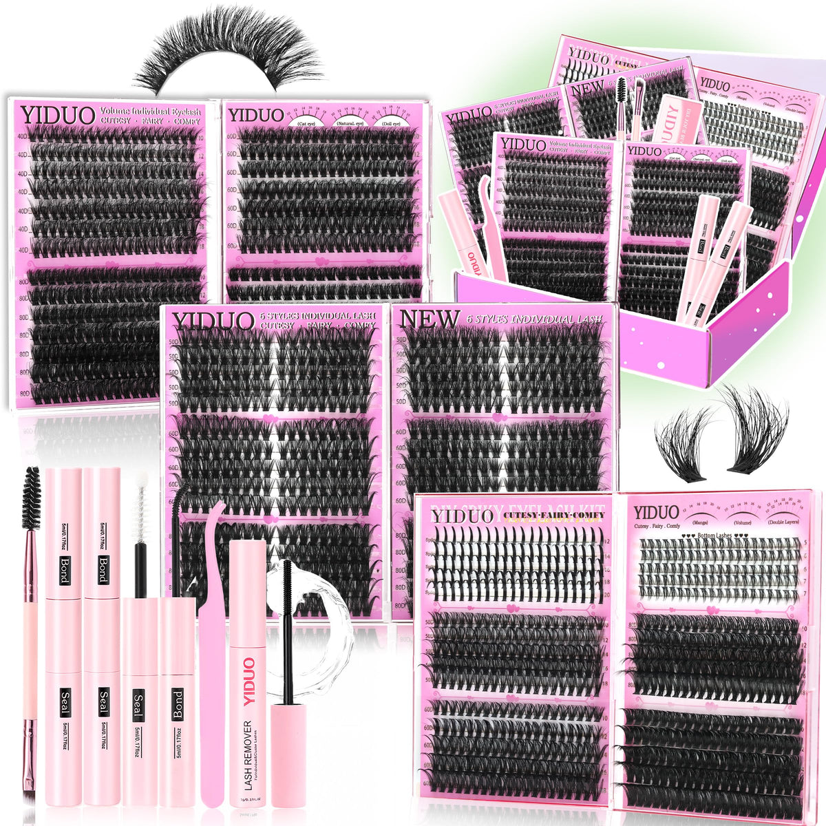YIDUO 6 Box Mix Lashes Clusters Kit front view with packaging