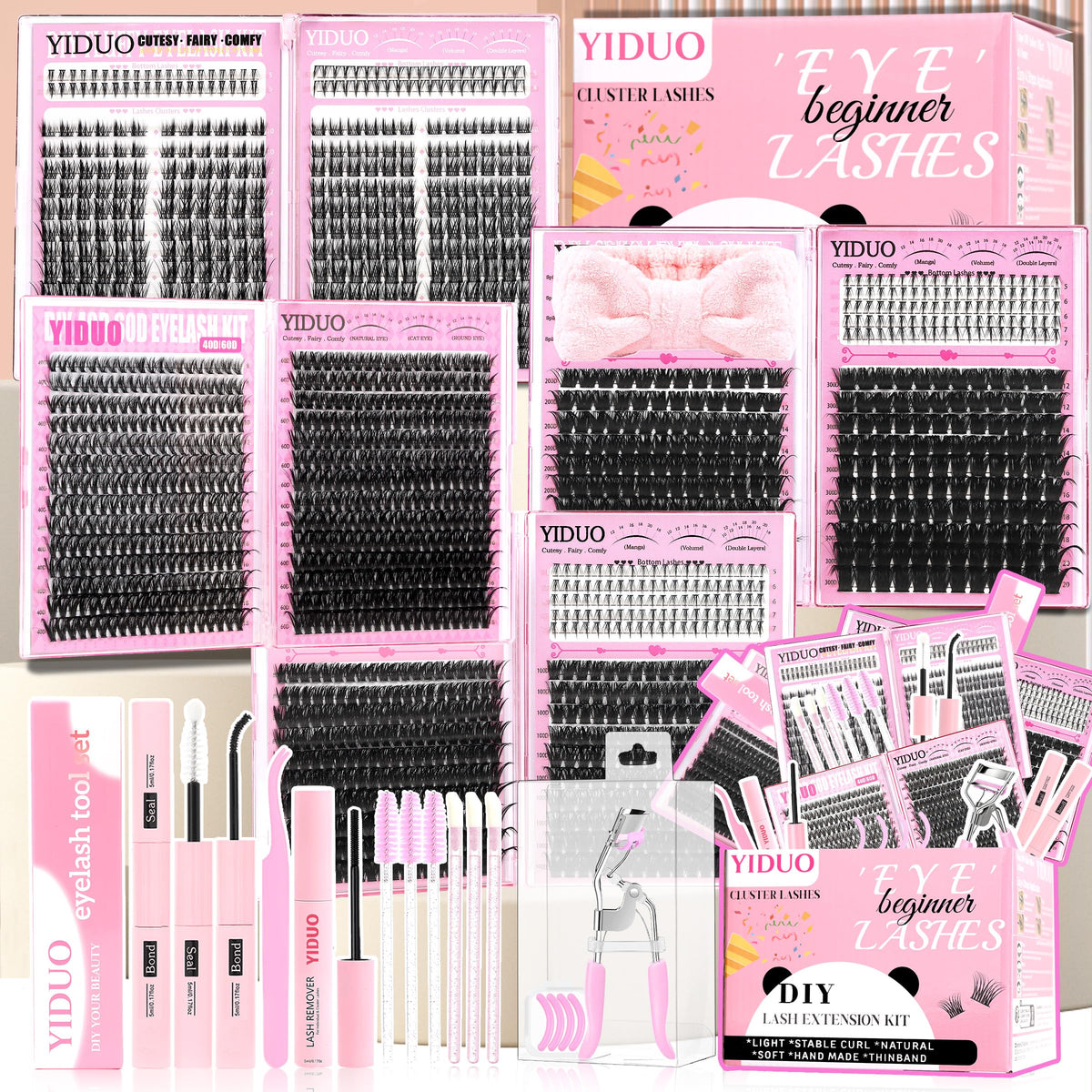 YIDUO 8 Styles Cluster Lash Kit front view with various lash styles