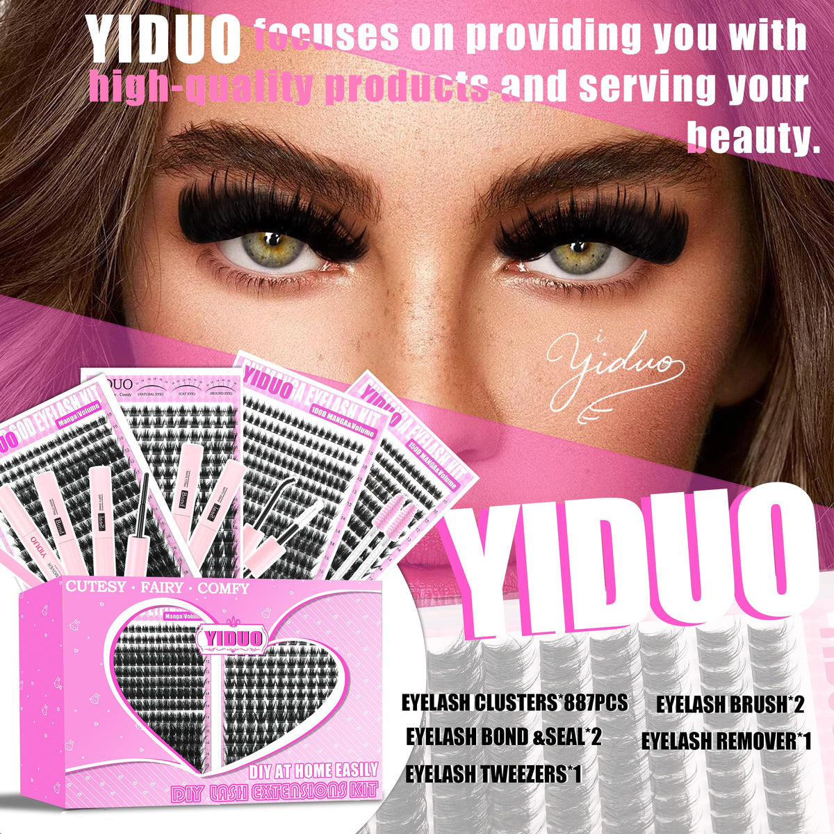 YIDUO lash clusters applied to model's eyes