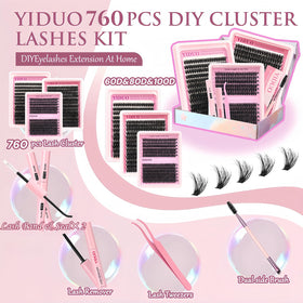 YIDUO lash clusters displayed on a makeup table