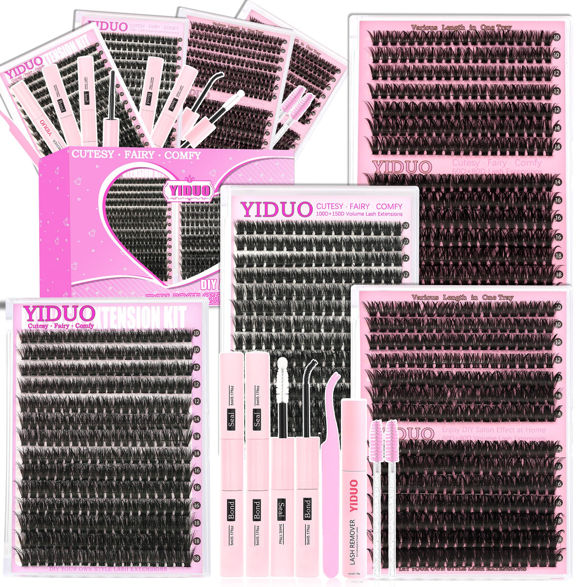 YIDUO Lash Clusters Kit 1078Pcs with bond and seal front view