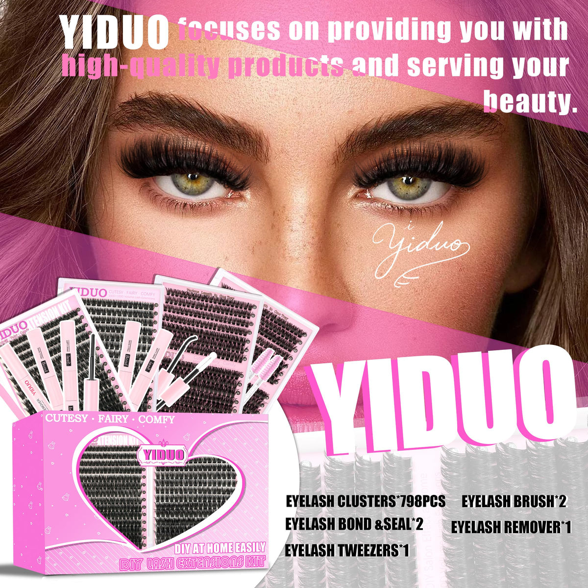 YIDUO Lash Clusters Kit components including tweezers and brushes