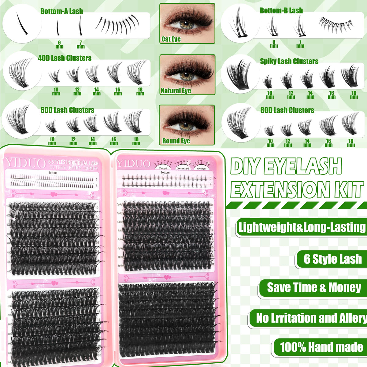 YIDUO Lash Clusters Kit including eyelash tweezers and cleaning tools
