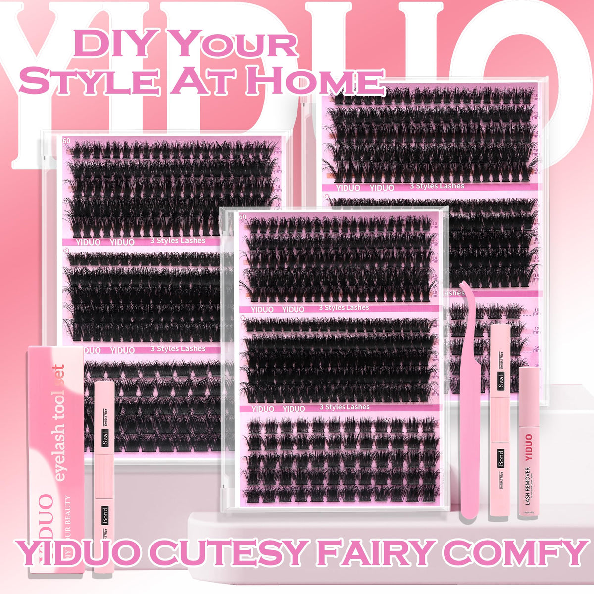 YIDUO Lash Clusters Kit laid out with all components