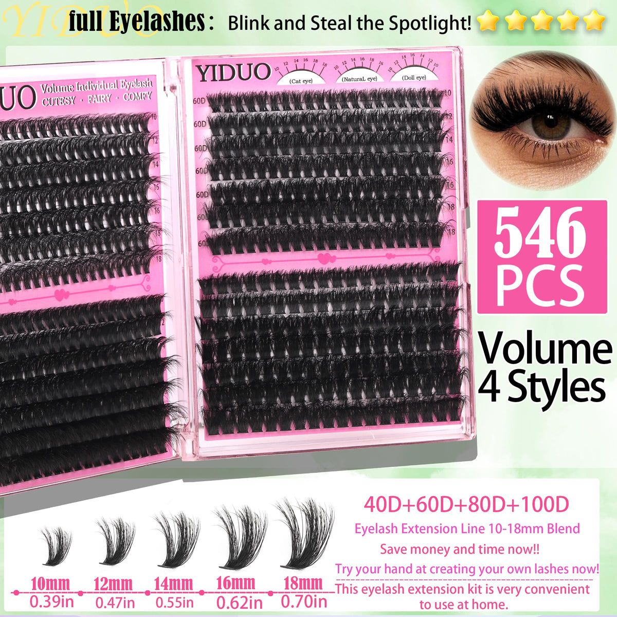 YIDUO Lash Clusters Kit with various lash styles displayed