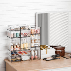 Yieach clear storage bins with makeup products inside