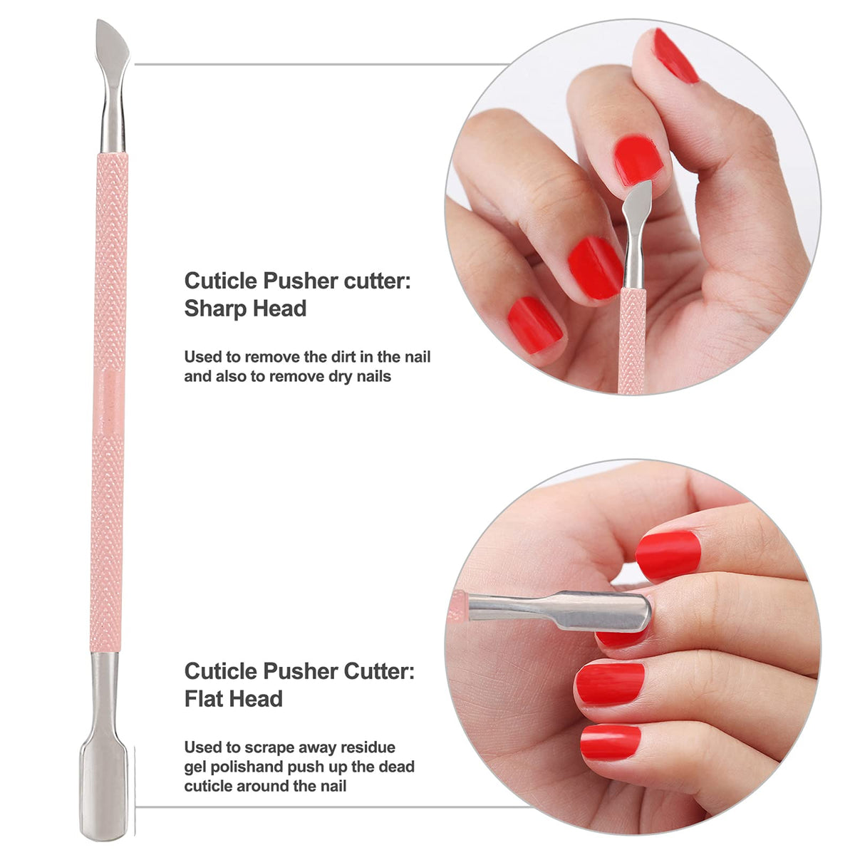 YINYIN cuticle pusher demonstrating curved flat end for pushing cuticles