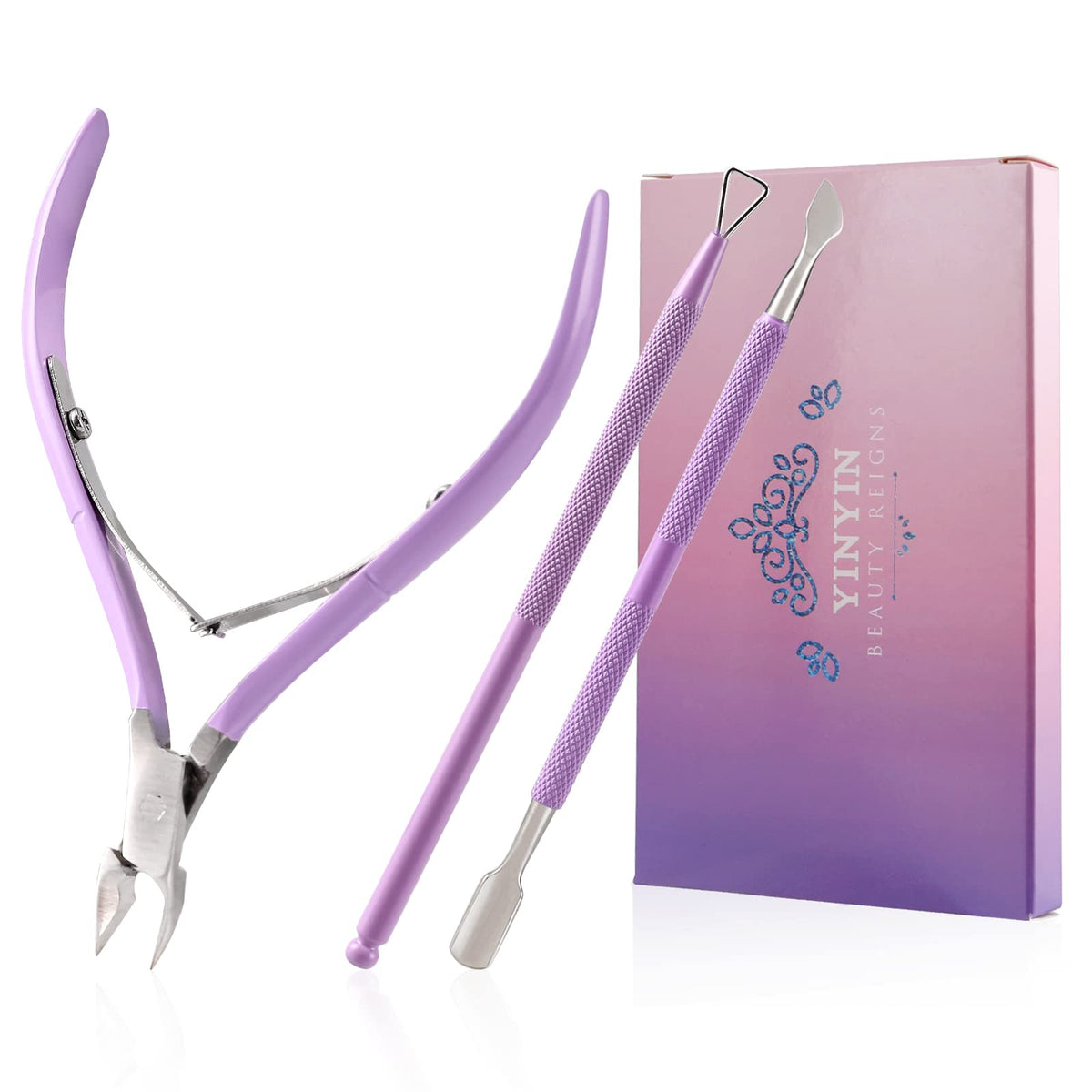 YINYIN Cuticle Trimmer Set in purple with tools displayed