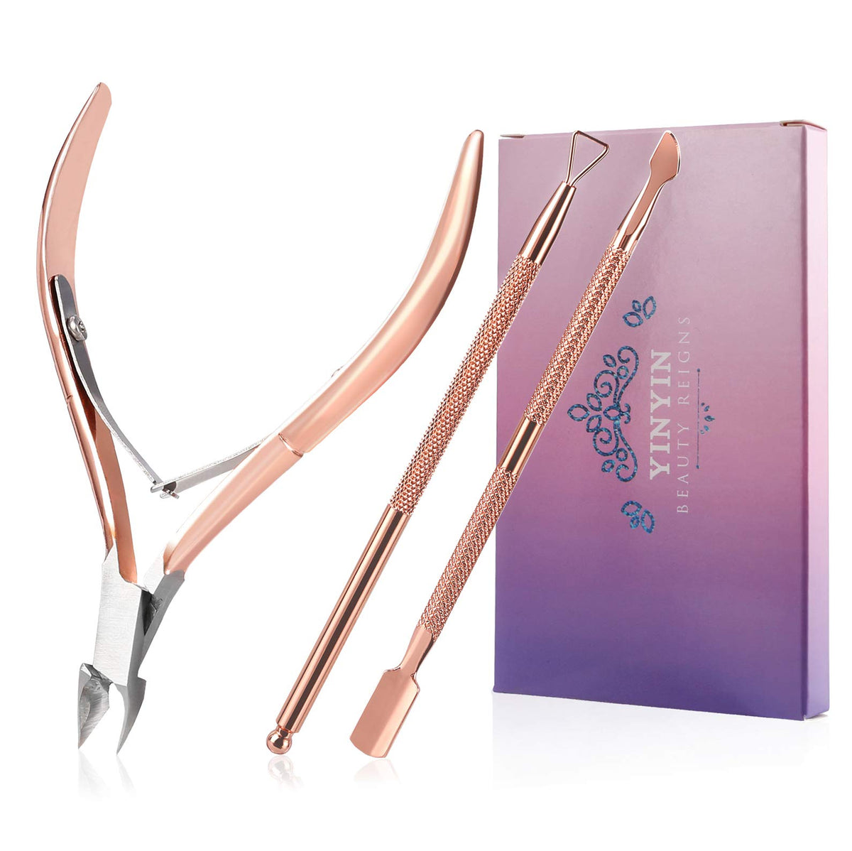 YINYIN Cuticle Trimmer Set in rose gold with tools displayed