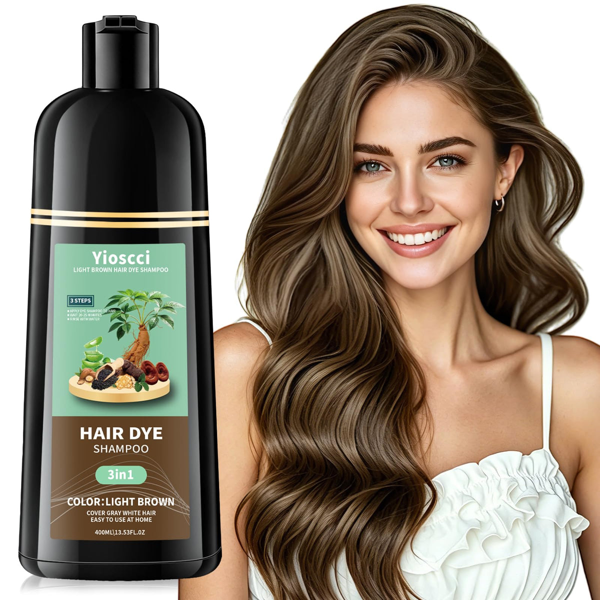 Yioscci Light Brown Hair Dye Shampoo bottle front view