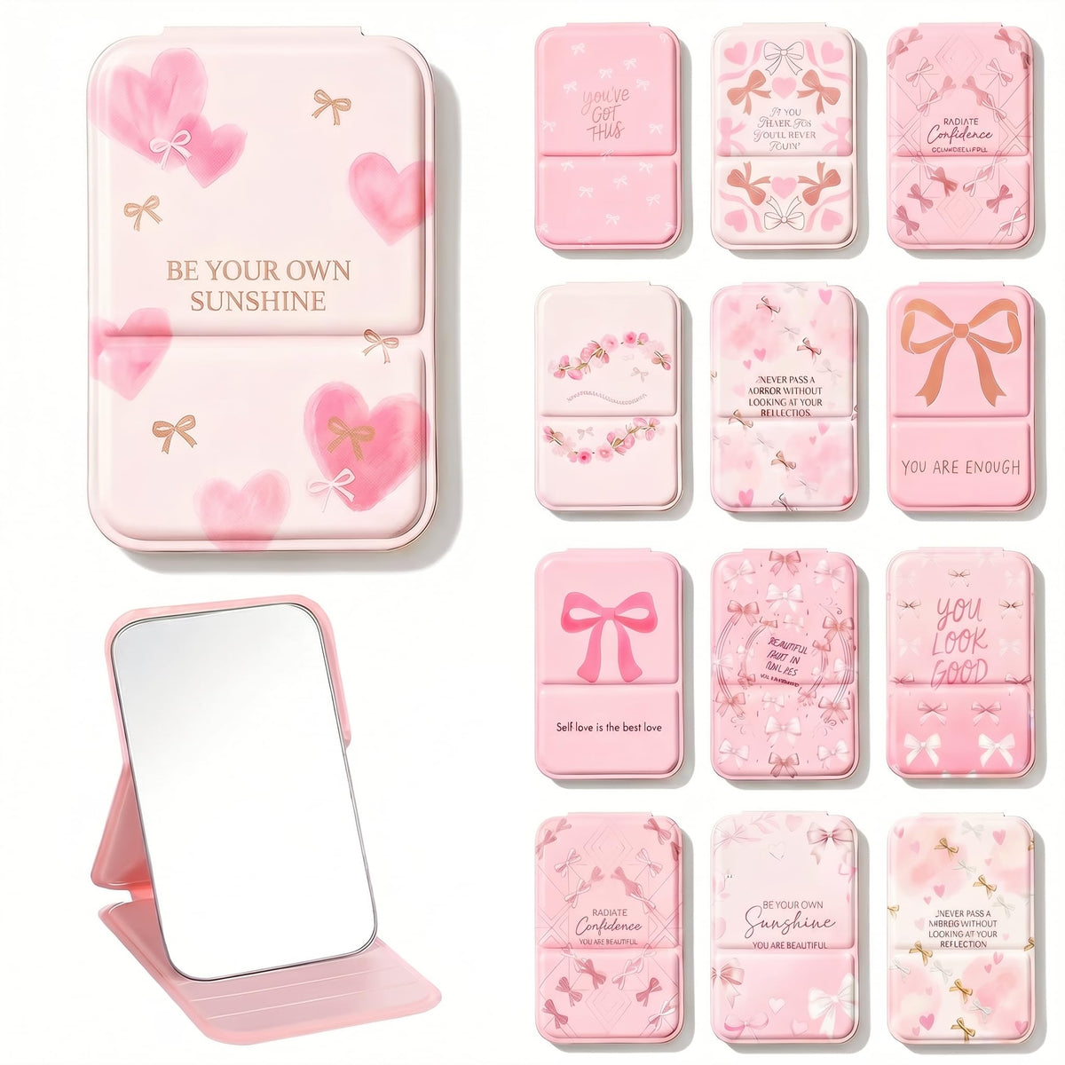 YOJO 12 Pcs Compact Mirror Set in pink bow designs