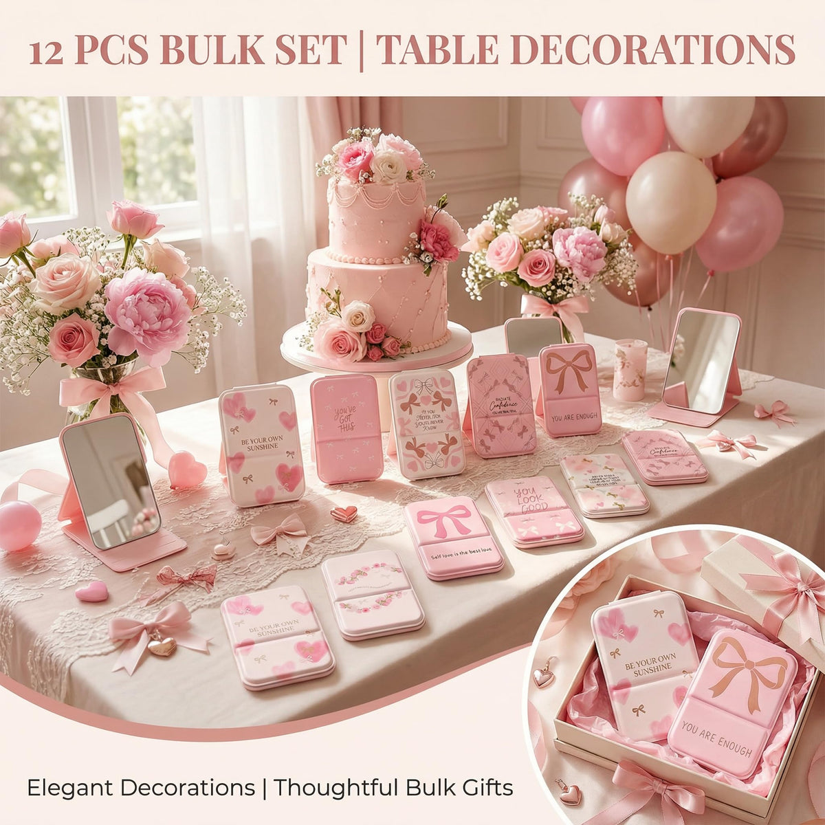 YOJO compact mirror with bow design on a decorative table