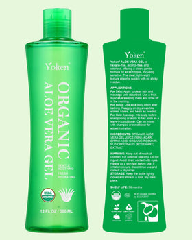 Yoken Aloe Vera Gel bottle with a natural background