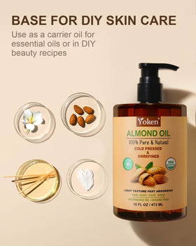 Yoken Organic Almond Oil 16 oz in a bathroom setting