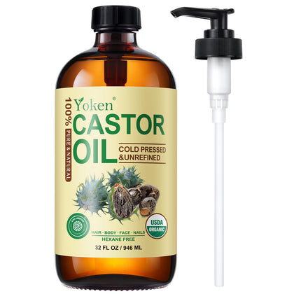 Yoken Organic Castor Oil 32oz amber glass bottle front view