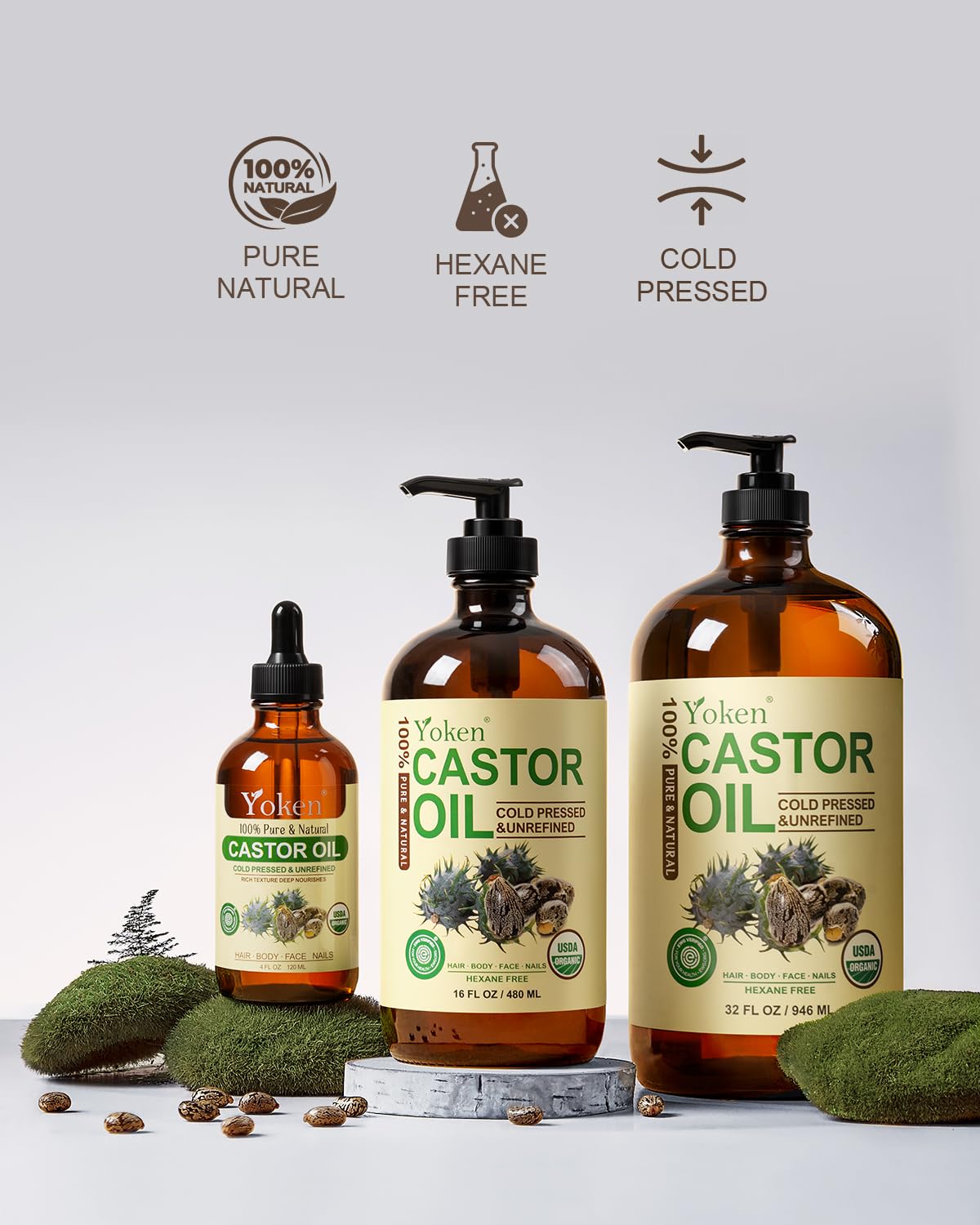 Yoken Organic Castor Oil 32oz on a wooden table
