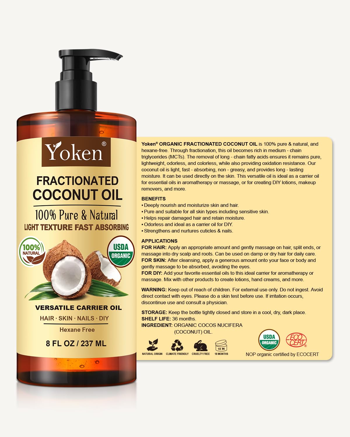 Yoken Organic Fractionated Coconut Oil packaging details