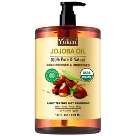 Yoken Organic Jojoba Oil 16oz front view in amber bottle