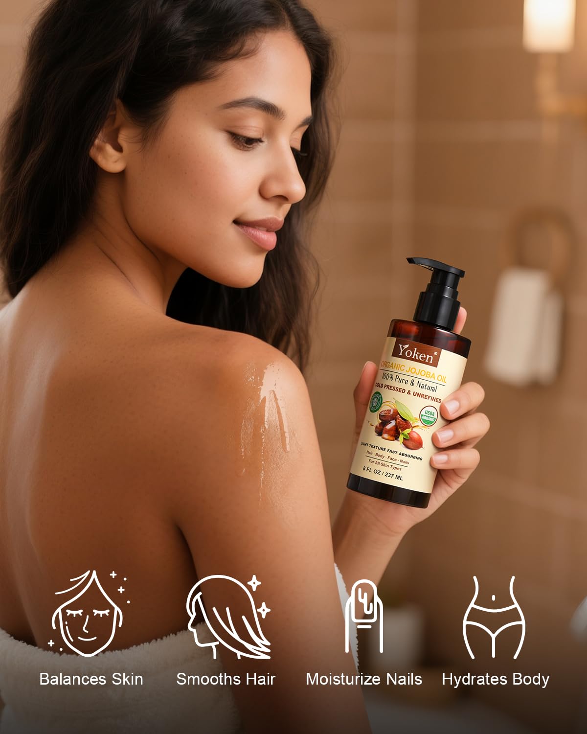 Yoken Organic Jojoba Oil 8oz displayed with other skincare products