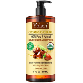 Yoken Organic Jojoba Oil 8oz front view with amber bottle