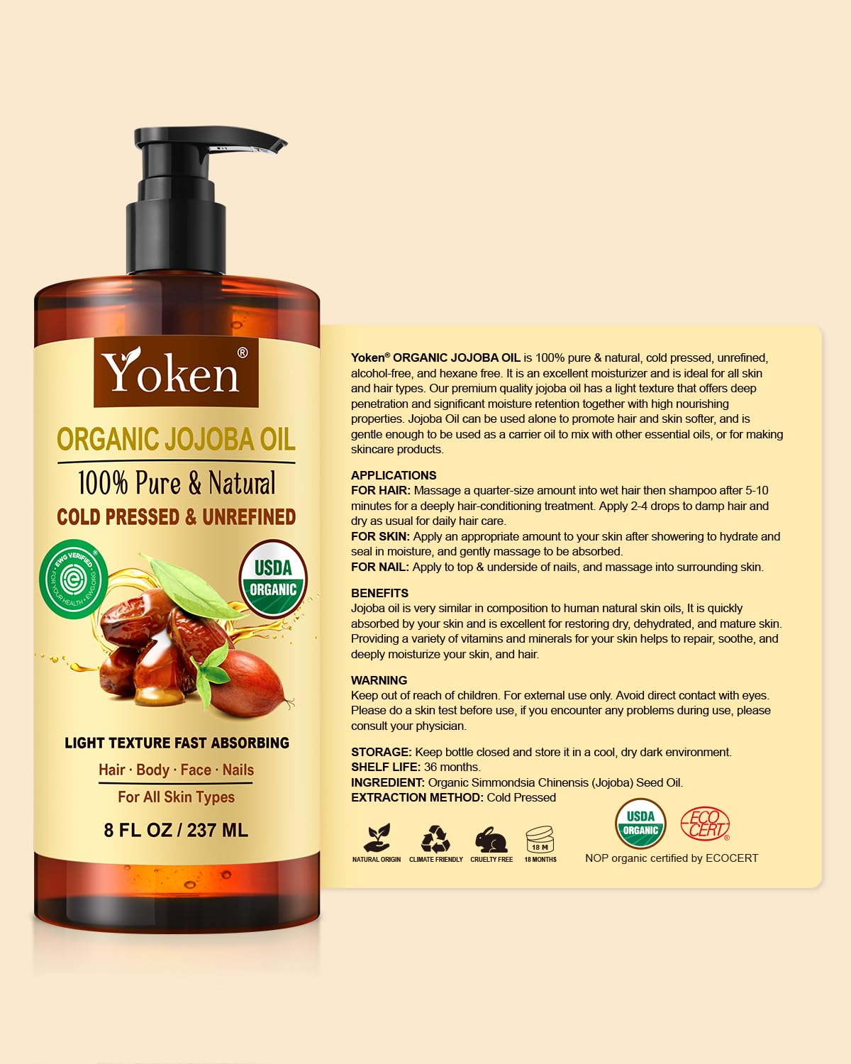 Yoken Organic Jojoba Oil 8oz in natural setting with plants