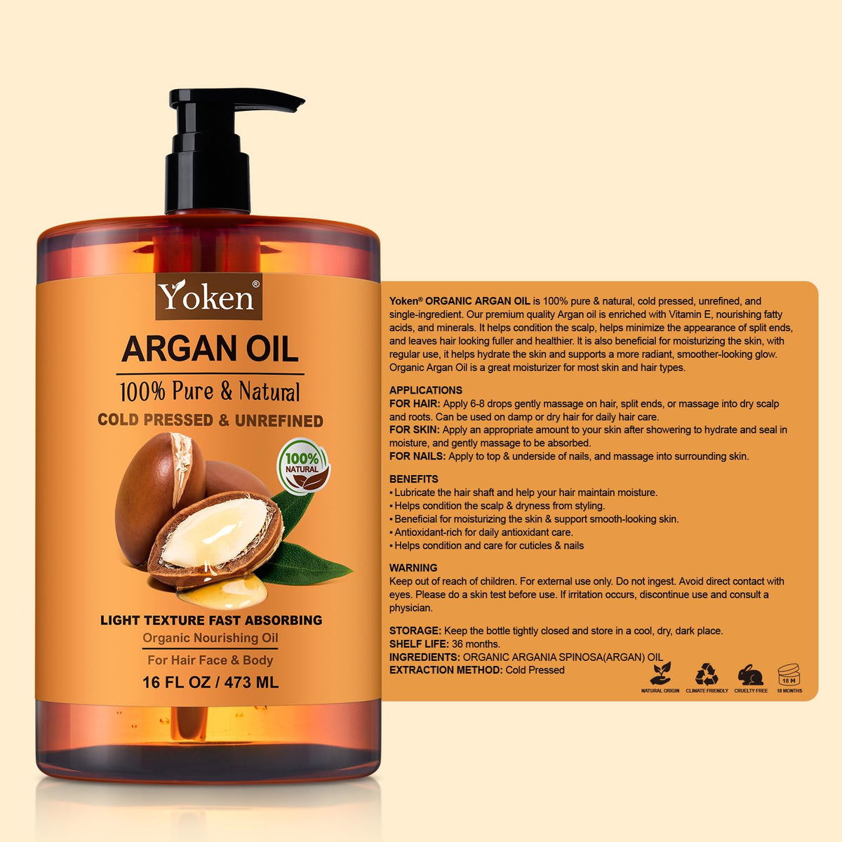 Yoken Organic Moroccan Argan Oil 16oz on a wooden table