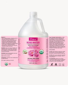 Yoken Organic Rose Water 128oz on a bathroom shelf