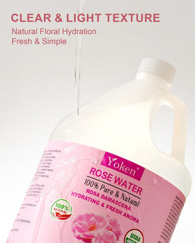 Yoken Organic Rose Water 128oz pouring into a smaller bottle