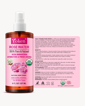 Yoken Organic Rose Water Spray bottle alongside fresh roses