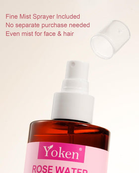 Yoken Organic Rose Water Spray bottle on a bathroom shelf