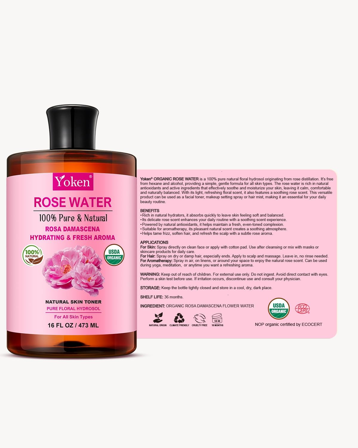 Yoken Organic Rose Water Toner 16oz bottle on a vanity
