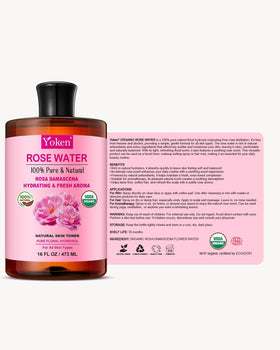 Yoken Organic Rose Water Toner 16oz bottle on a vanity