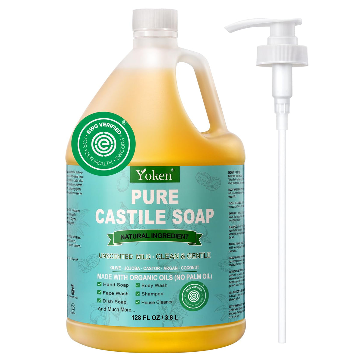 Yoken Pure Castile Liquid Soap 128 Oz front view with pump
