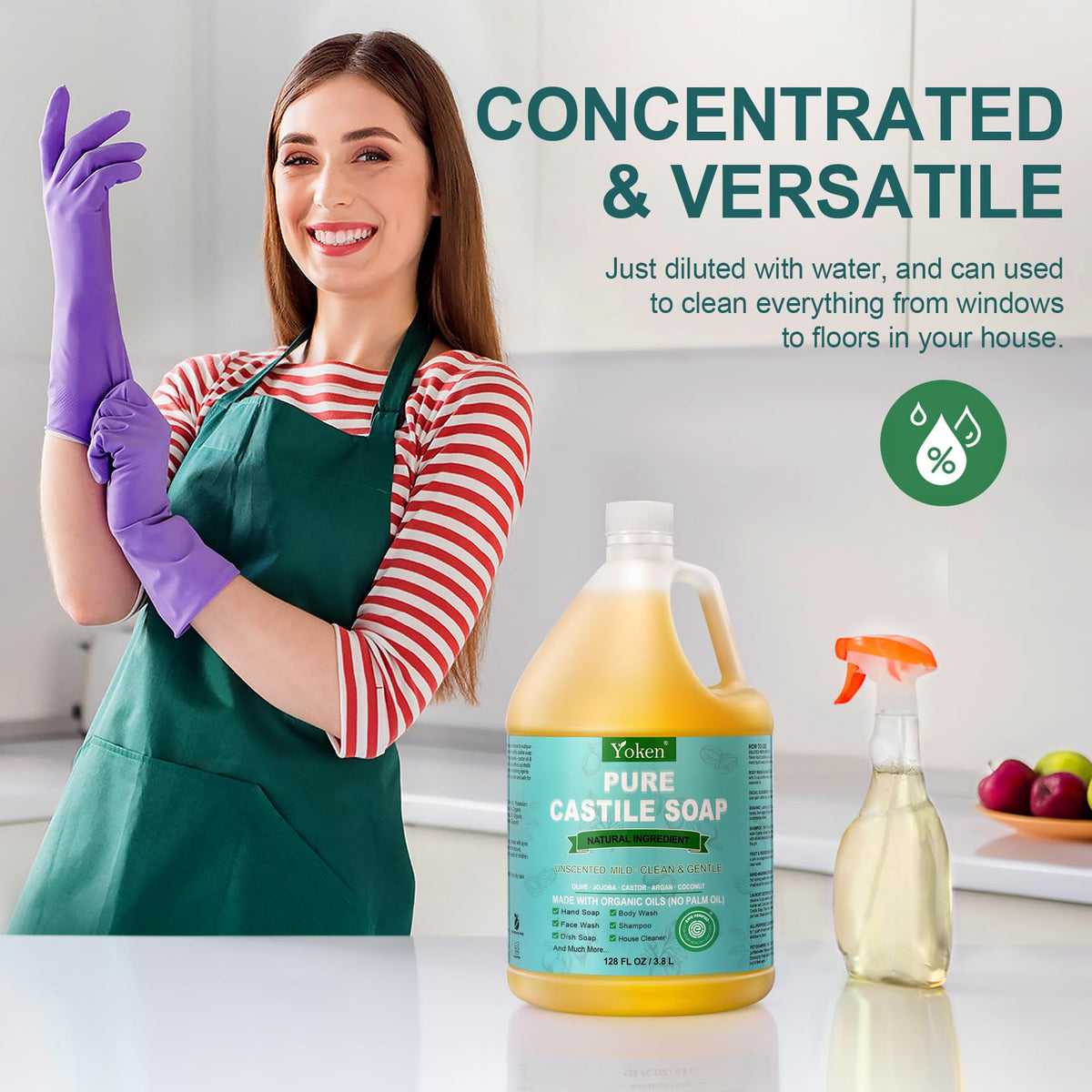 Yoken Pure Castile Liquid Soap 128 Oz in a bathroom setting