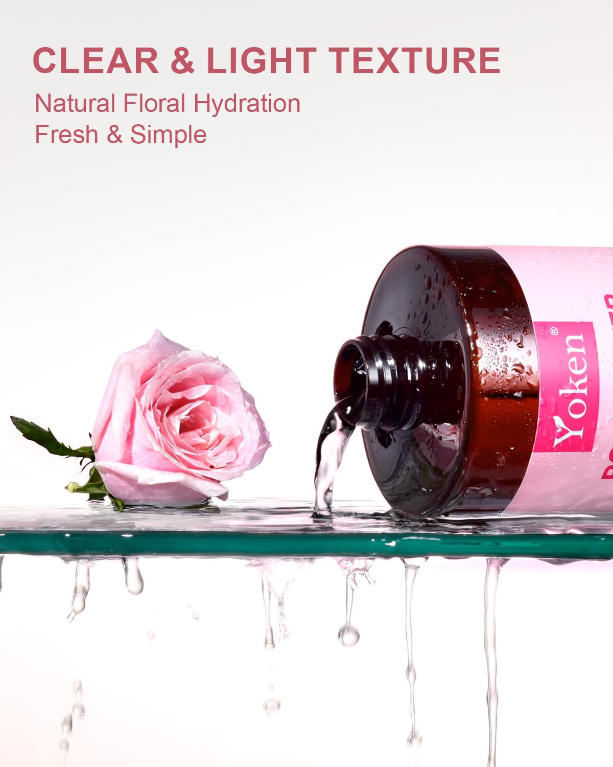 Yoken Pure Rose Water 32oz bottle on a bathroom shelf