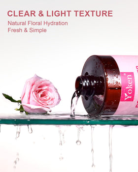 Yoken Pure Rose Water 32oz bottle on a bathroom shelf